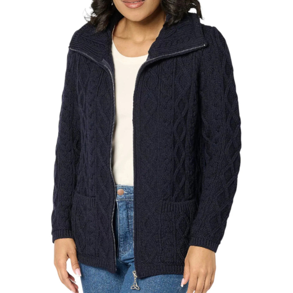 Aran Crafts Women's Merino Wool Zip-Front Sweater w/ Pockets Navy - Regular